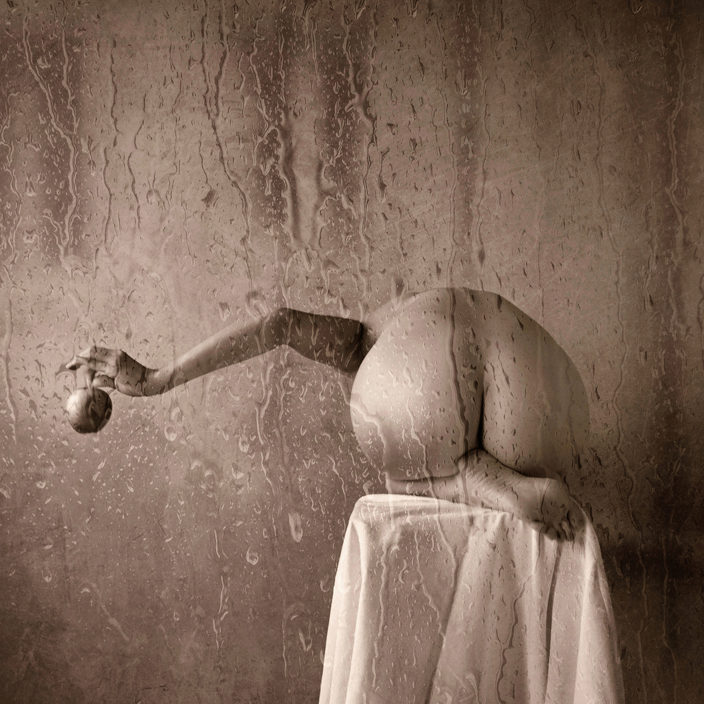 Contemporary fine art nude photograph with water, glass textures, and a calm, poetic atmosphere