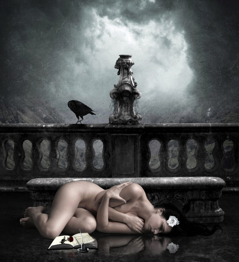 Surreal gothic fairy tale artwork. Nude woman on balcony, embracing herself in melancholy. Stunning landscape backdrop. Captivating portrayal of longing and introspection. gothic nude art. enchanting nude, enchanting photo, gothic nude print, fairytale nude print, gothic fairytale art, nude fairytale art, fine art nude print