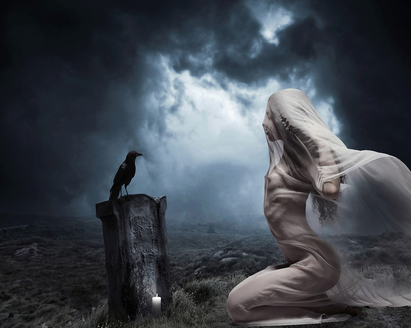 Surreal gothic digital artwork titled Lament. A nude woman, veiled in white, sits by an old grave in misty highlands. A raven perches on the gravestone. Evocative and captivating, blending beauty, solitude, and mystery. Perfect for lovers of surrealism and gothic aesthetics. veiled whispers, surreal gothic artwork, raven art print, fantasy nude, nude photo print, fantasy nude print, fairytale nude photo, conceptual nude art, fairytale nude print