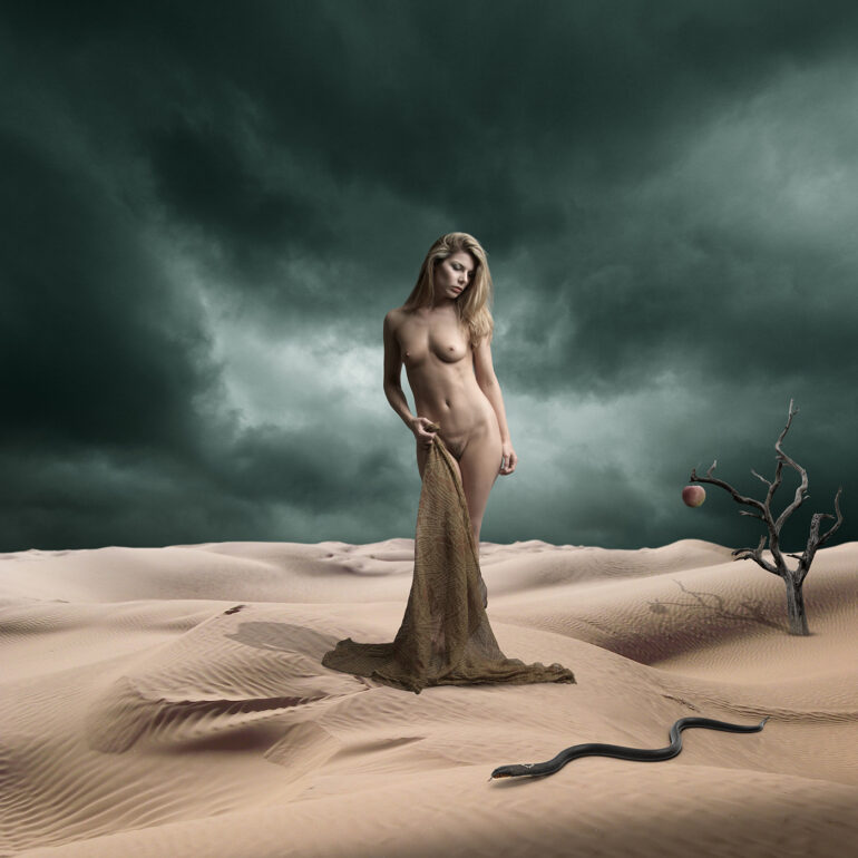 Surreal fine art nude artwork of a woman in a desert with a serpent and apple beneath storm clouds, inspired by biblical temptation.