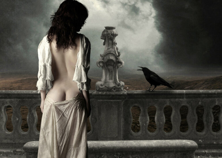 Gothic surreal fine art nude of a woman standing on a classical balcony with a raven, evoking mystery and symbolism.