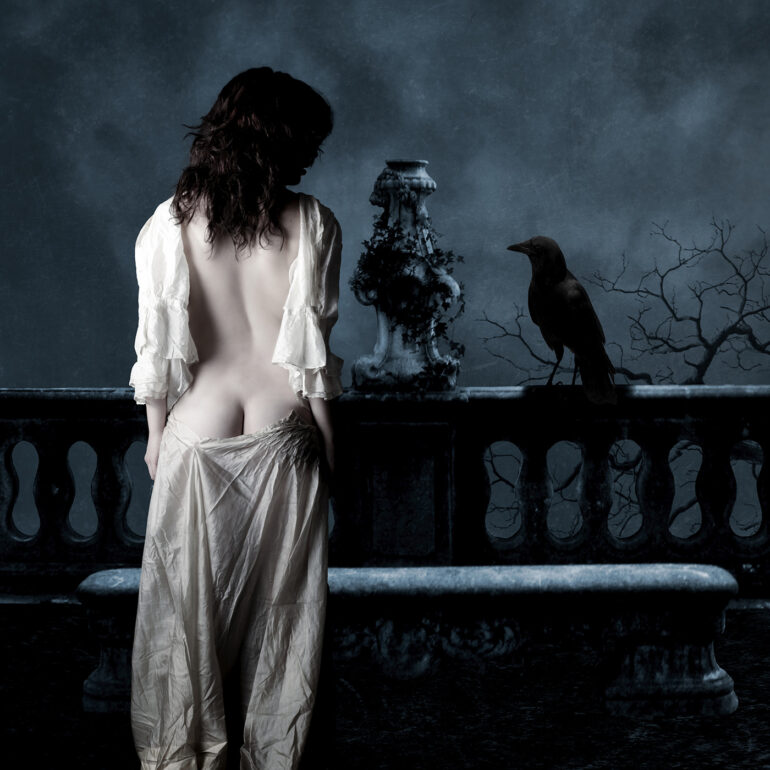 Surreal fine art photo manipulation of a semi-nude woman on a gothic balcony facing a raven beneath a dark, atmospheric sky.