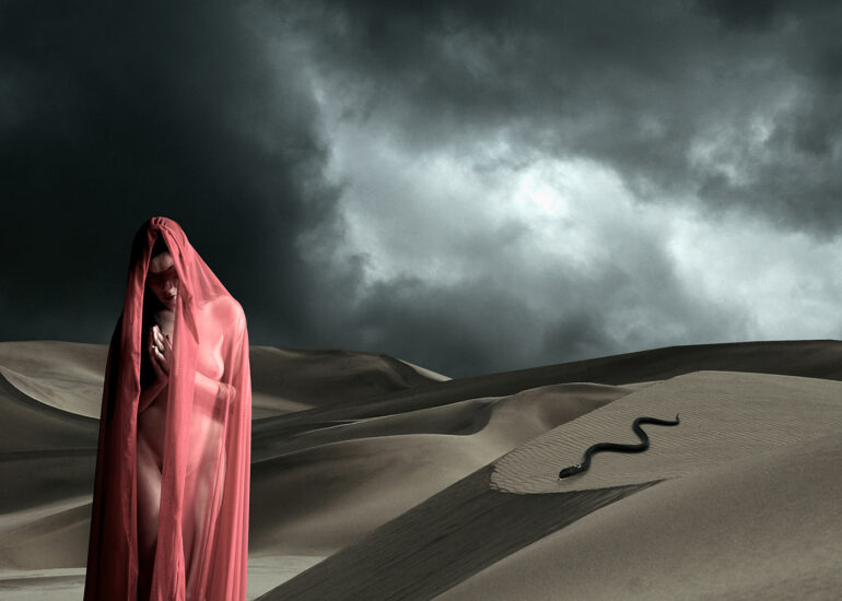 Surreal fine art artwork of a veiled nude woman in a desert as a serpent crosses the sand beneath dark, dramatic skies.