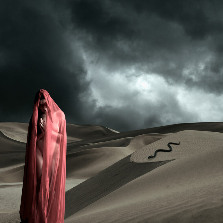 Surreal fine art artwork of a veiled nude woman in a desert as a serpent crosses the sand beneath dark, dramatic skies.