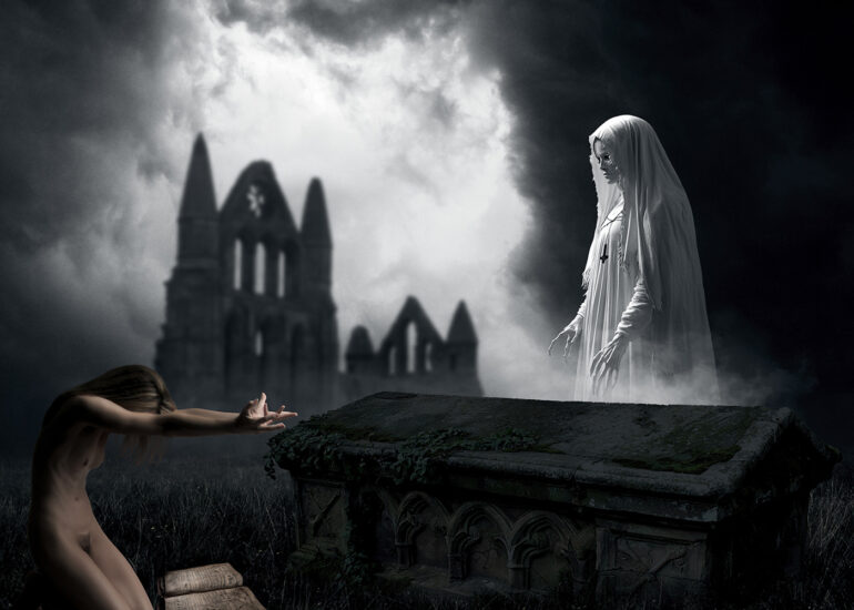 Gothic surreal artwork showing a kneeling nude woman summoning a veiled spirit beside an ancient tomb under stormy skies.
