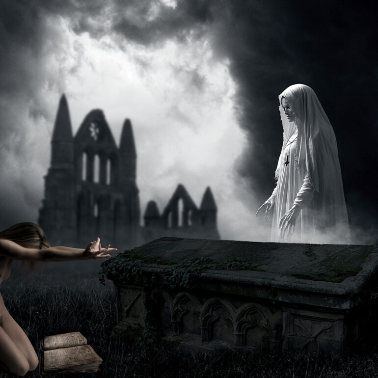 Gothic surreal artwork showing a kneeling nude woman summoning a veiled spirit beside an ancient tomb under stormy skies.