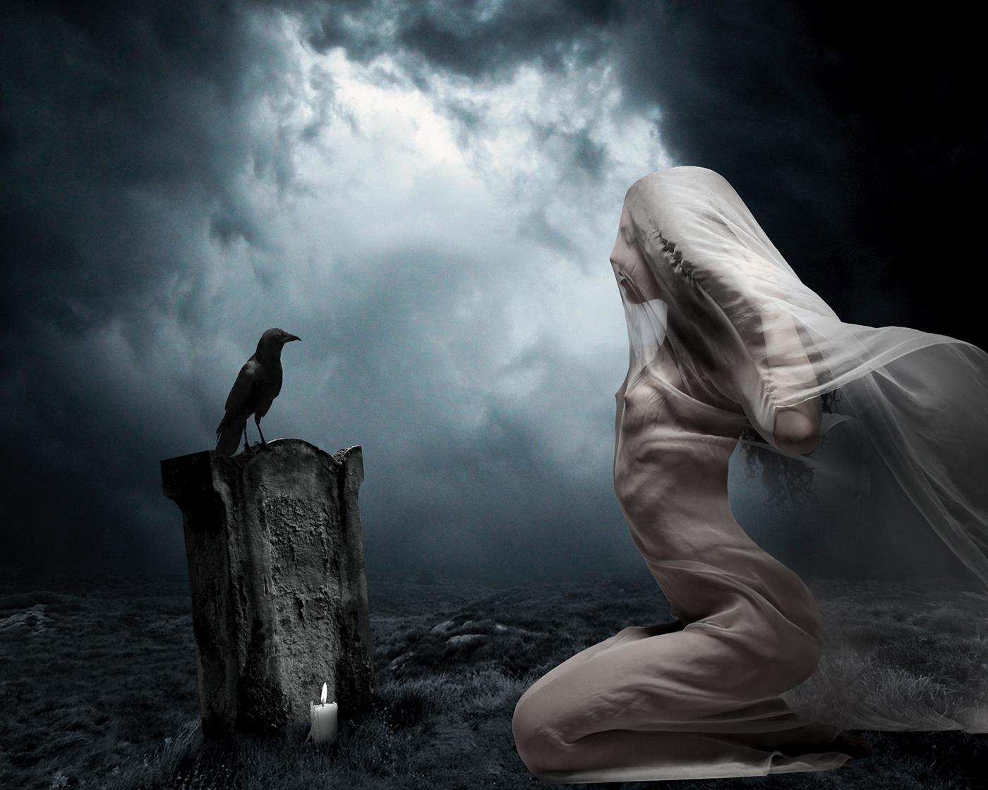 Surreal fine art artwork of a veiled nude woman kneeling before a grave with a raven perched upon it and candle in a mist-filled night landscape.