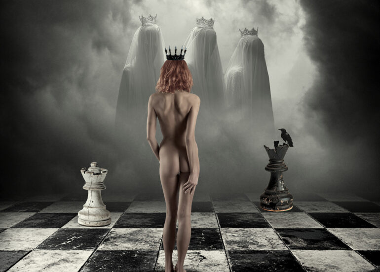 Dark surreal fine art artwork of a crowned nude woman standing on a chessboard facing ghostly crowned figures, symbolising fate and power.