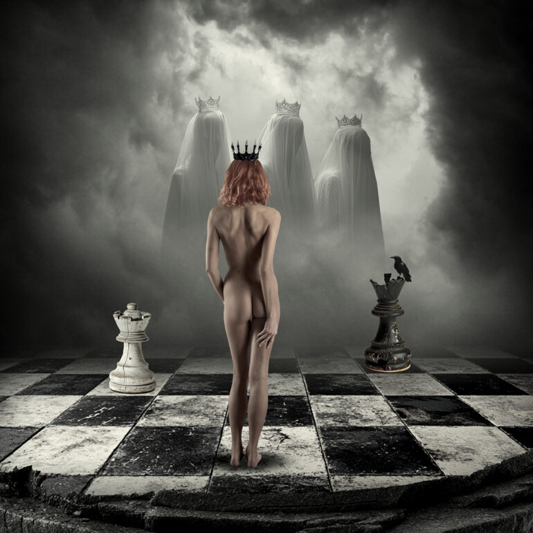 Dark surreal fine art artwork of a crowned nude woman standing on a chessboard facing ghostly crowned figures, symbolising fate and power.