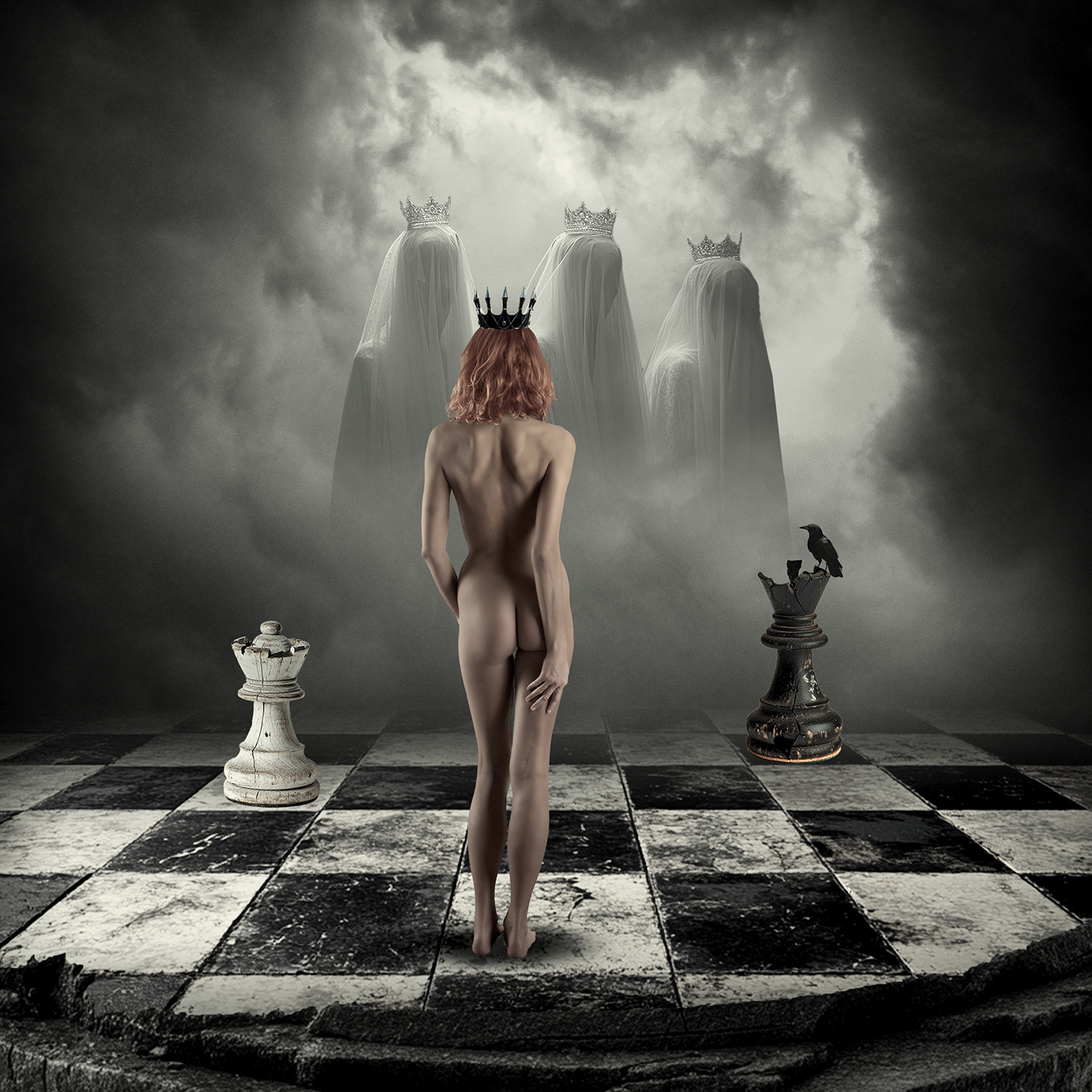Dark surreal fine art artwork of a crowned nude woman standing on a chessboard facing ghostly crowned figures, symbolising fate and power.