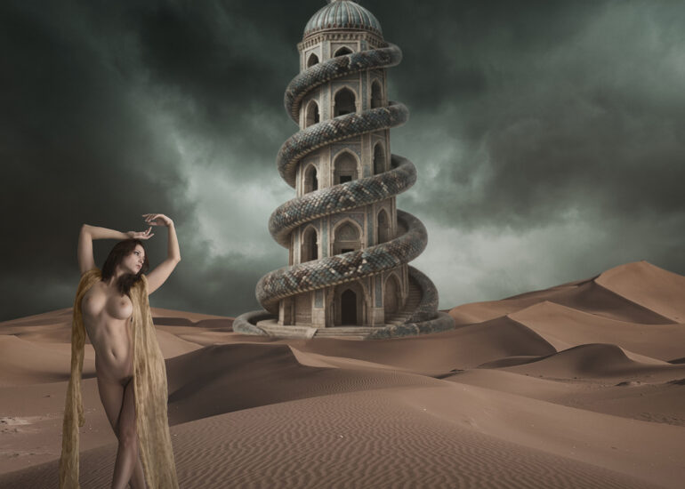 Award-winning surreal fine art nude of a priestess in a desert with a giant serpent coiling around a tower.