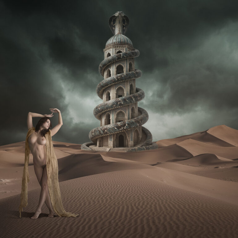 Award-winning surreal fine art nude of a priestess in a desert with a giant serpent coiling around a tower.