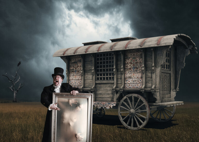 Surreal dark fantasy artwork depicting a Victorian showman holding a framed ethereal nude figure before a mysterious caravan under stormy skies, evoking gothic horror, illusion, and theatrical spectacle.