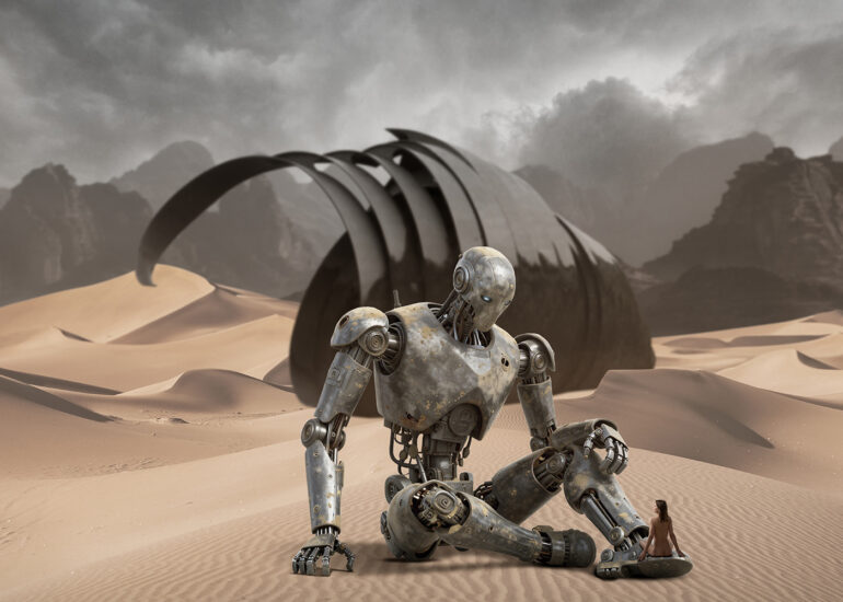Surreal fine art image of a giant robot sitting in a desert with a small nude female figure beside it.