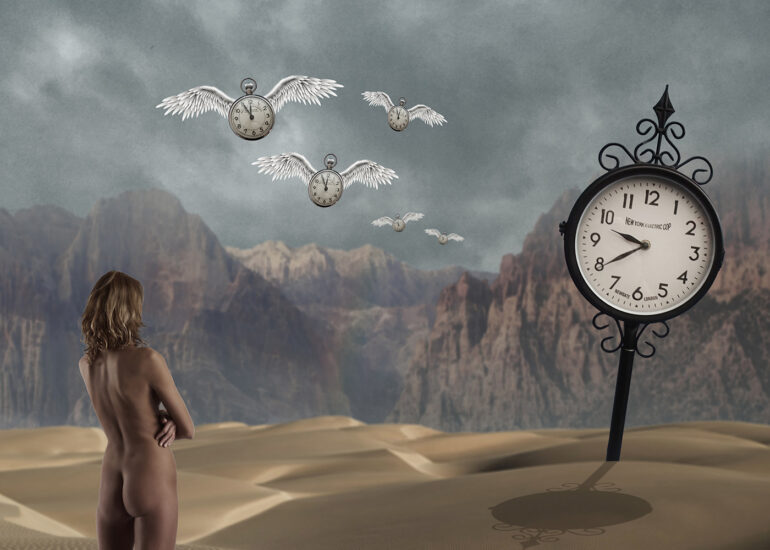Surreal fine art nude artwork of a woman in a desert watching winged clocks fly across the sky, symbolising time and impermanence.