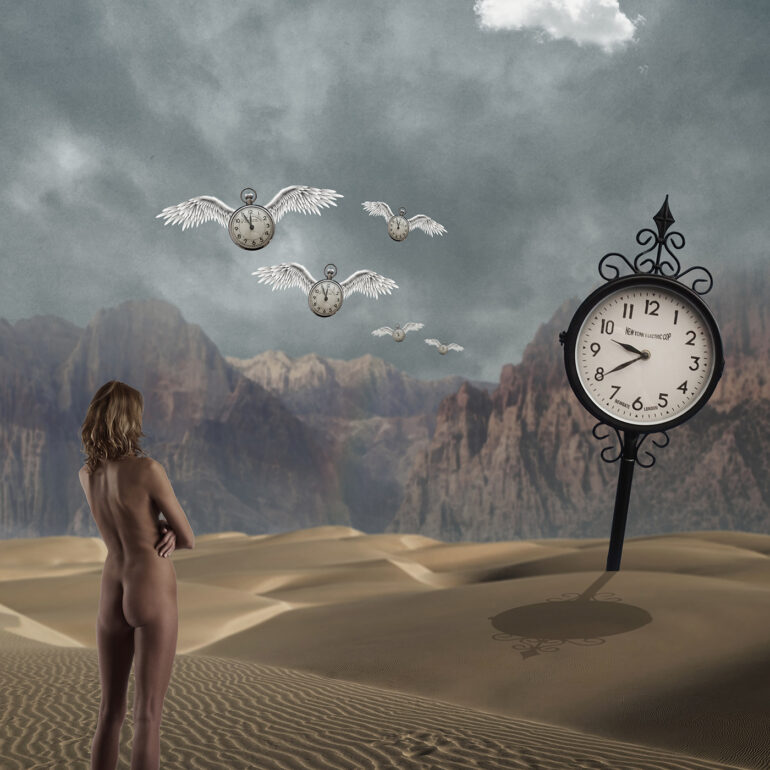 Surreal fine art nude artwork of a woman in a desert watching winged clocks fly across the sky, symbolising time and impermanence.