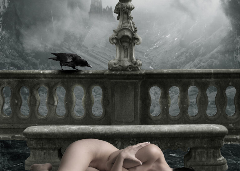Dark surreal photo manipulation featuring a contemplative nude woman lying on a reflective floor beneath an ornate stone balcony, with a raven, letter and open book suggesting themes of separation and loss.