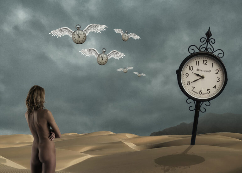 Surreal fine art nude artwork of a woman in a desert watching winged clocks fly across the sky, symbolising time and impermanence.